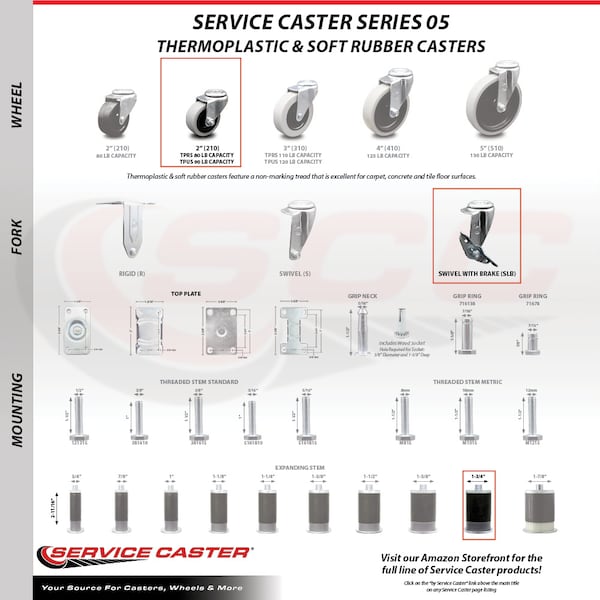 2 Inch Thermoplastic Rubber Wheel 1-3/4 Inch Expanding Stem Caster with Brake